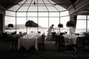 Black and white photo of a wedding reception at Beach Club Dining Room.
