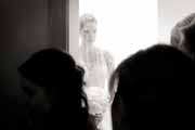 Black and white photo a bride before wedding ceremony.