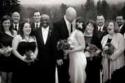 Black and white casual wedding group photo.