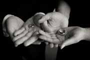 A black and white photo of wedding rings resting in hands.