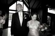 Black and white photo of newlyweds sharing happy moment at Brazilian Room wedding.