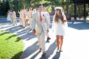 Wedding party lines up to enter wedding reception at Holman Ranch in Carmel Valley.