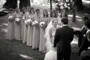 Black and white photo of bridesmaids at redwood grove wedding.
