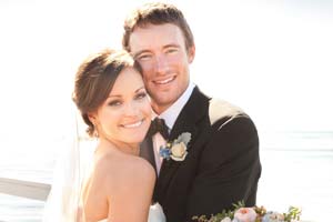 A formal wedding portrait of a bride and groom in Pebble Beach.